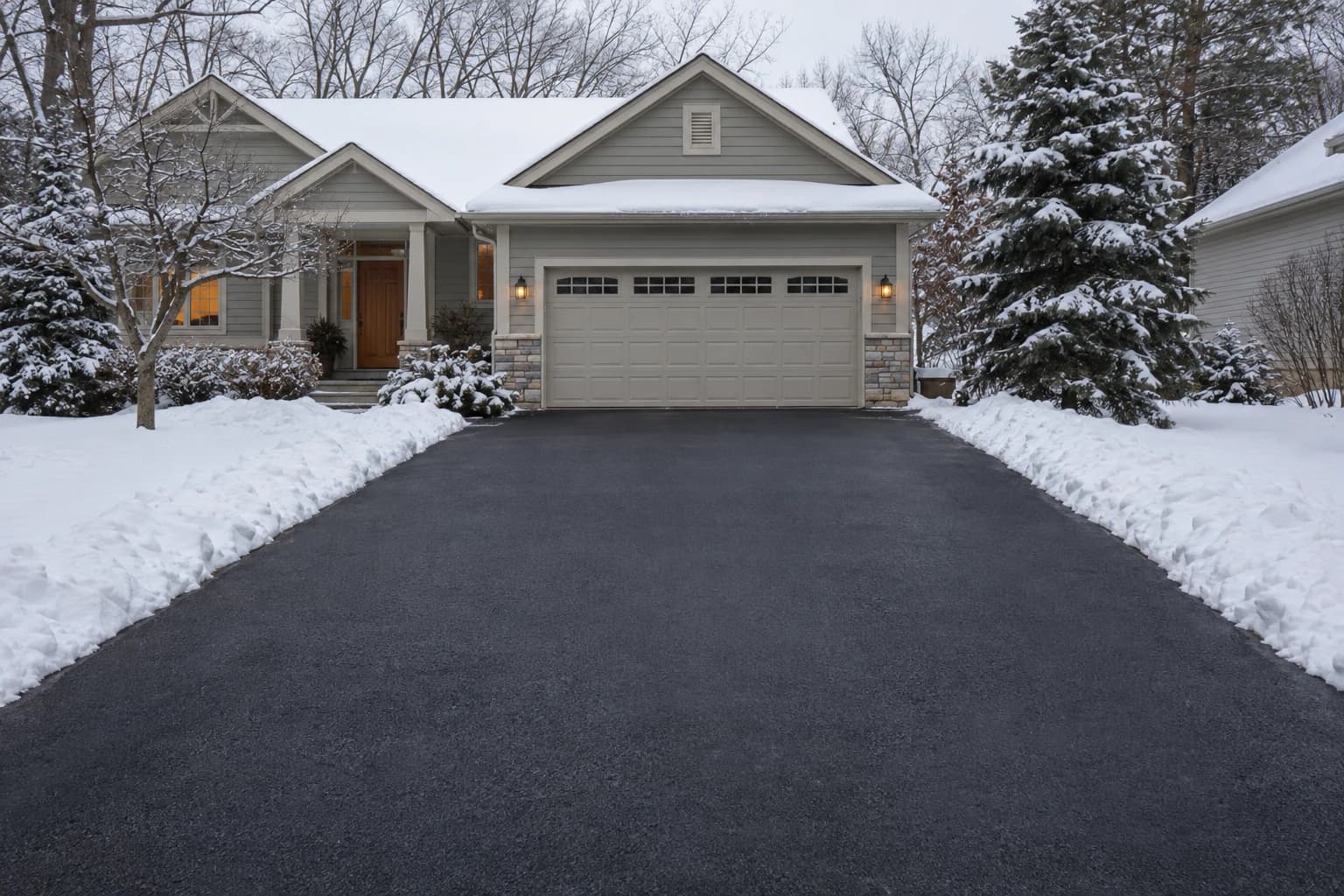 Generated example of a clean black driveway leading to a snow-covered Minnesota home