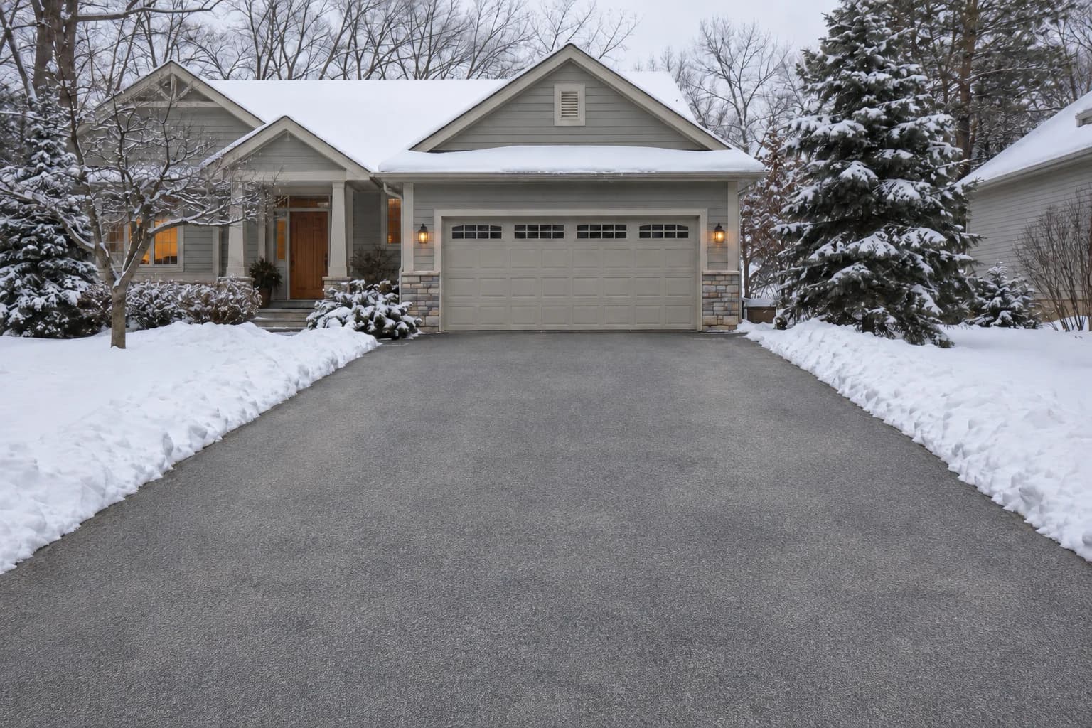 Generated winter driveway example with faded gray untreated asphalt